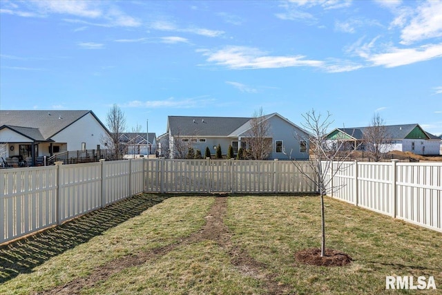 view of yard with a residential view and a fenced backyard