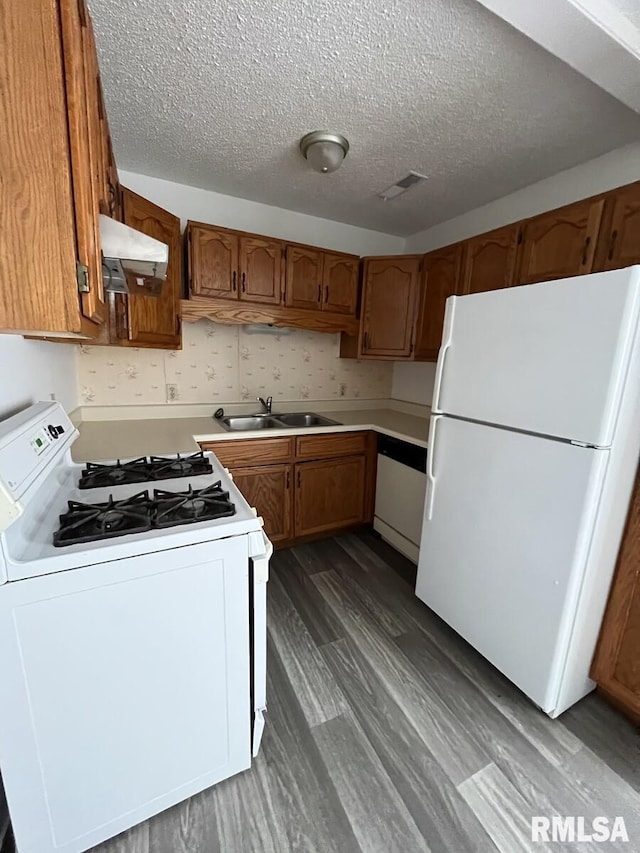 kitchen with under cabinet range hood, white appliances, dark wood-style flooring, a sink, and brown cabinets