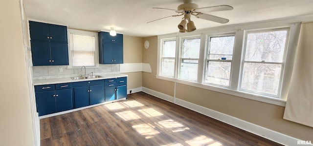 814 W Edwards St, Springfield, IL 62704 - kitchen with blue cabinetry, a sink, healthy amount of natural light, and a ceiling fan