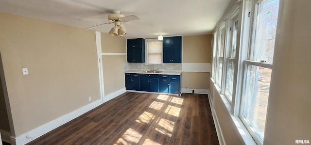 814 W Edwards St, Springfield, IL 62704 - bar area featuring a sink, dark wood-style flooring, baseboards, and a ceiling fan