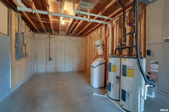 unfinished below grade area with electric panel, heating unit, and water heater