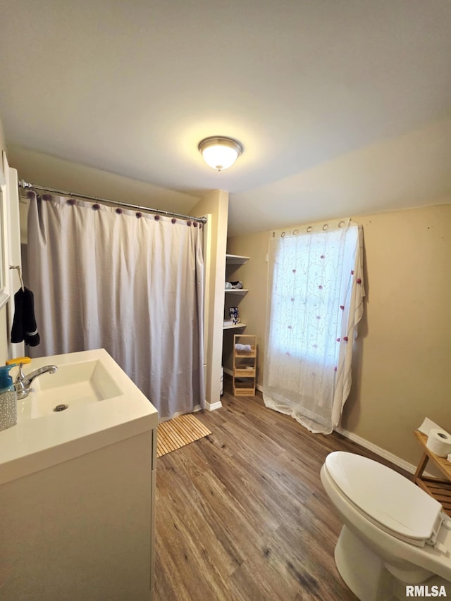 full bathroom featuring a shower with curtain, toilet, and wood finished floors