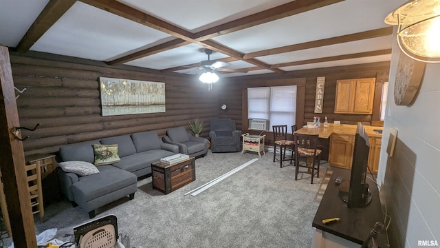 carpeted living room featuring a ceiling fan, cooling unit, beamed ceiling, and log walls