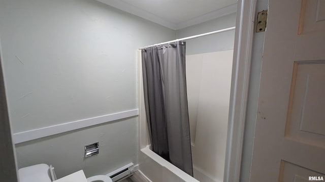 full bathroom featuring shower / tub combo with curtain, toilet, and baseboard heating