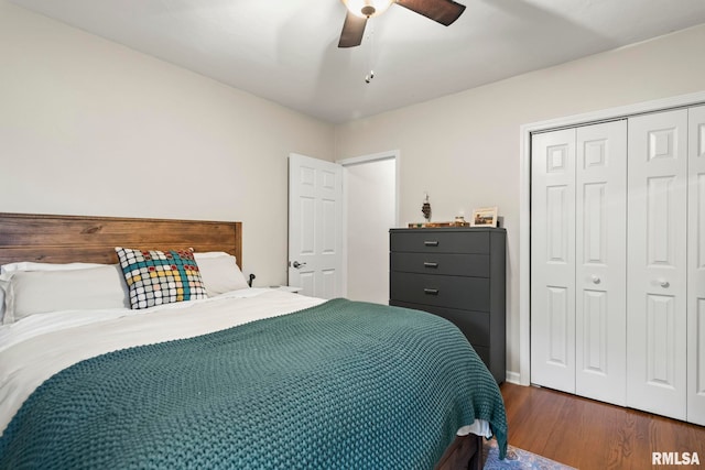 bedroom featuring a closet, a ceiling fan, and wood finished floors