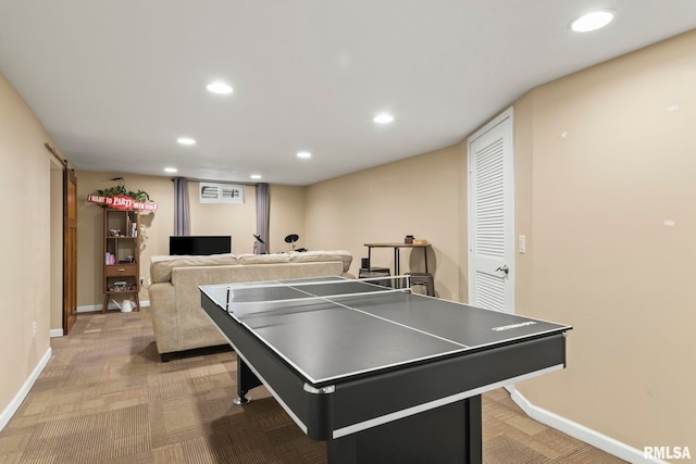 playroom with recessed lighting, light carpet, and baseboards