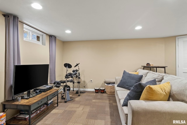 interior space featuring carpet floors, recessed lighting, and baseboards