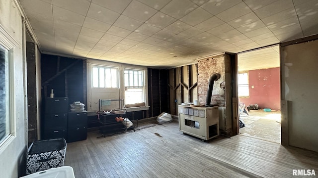 misc room with wood-type flooring, a wood stove, and a healthy amount of sunlight