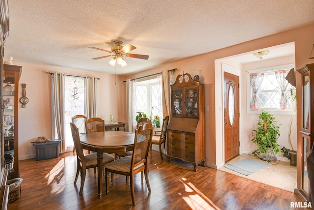 dining area featuring baseboards, a textured ceiling, ceiling fan, and wood-type flooring