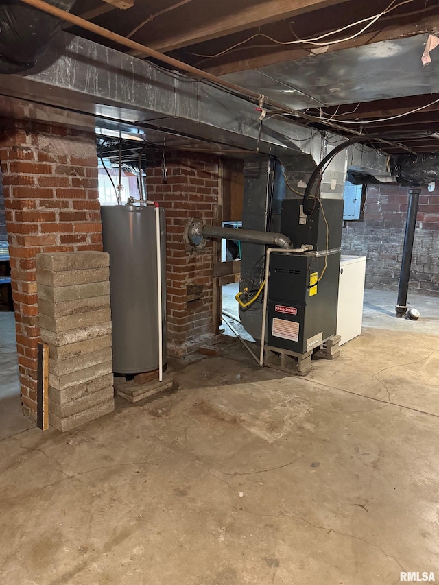 unfinished basement with heating unit and water heater