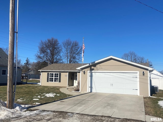 single story home featuring a garage, driveway, and a shingled roof