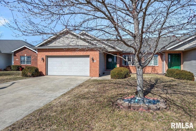 single story home featuring brick siding, a garage, and driveway