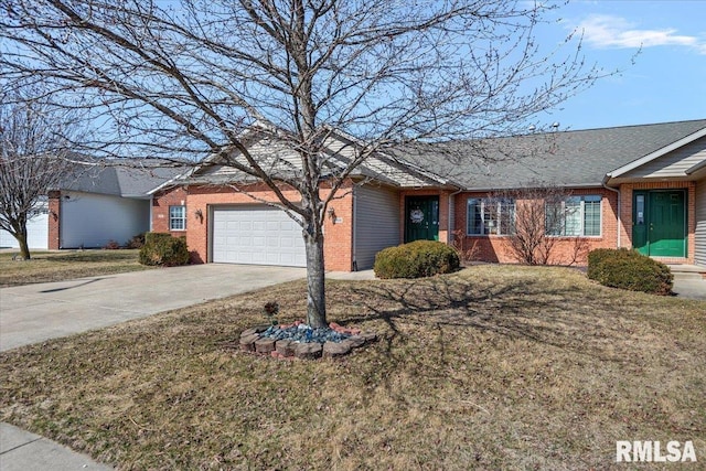 ranch-style house featuring a front yard, a garage, brick siding, and driveway