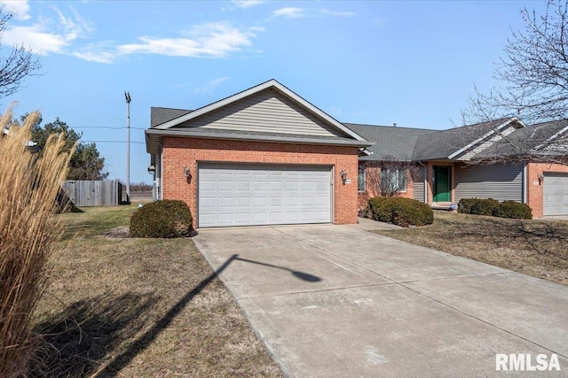 ranch-style house with a garage, fence, brick siding, and driveway