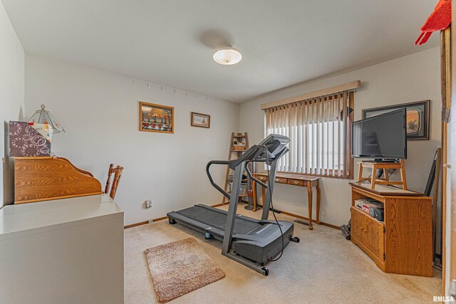 exercise area featuring baseboards and light carpet