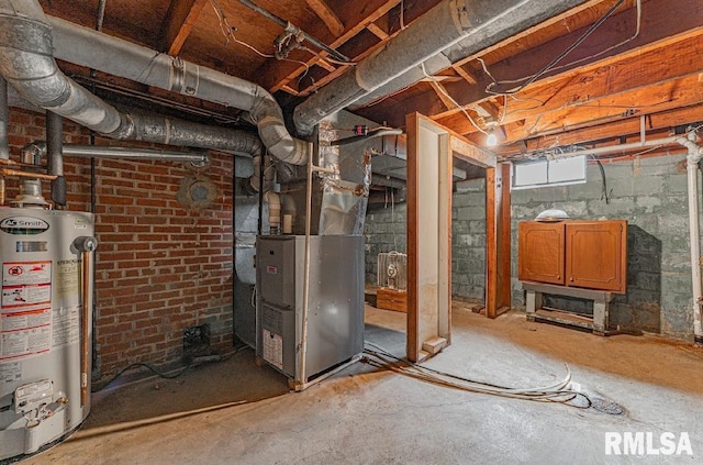 basement featuring heating unit and water heater