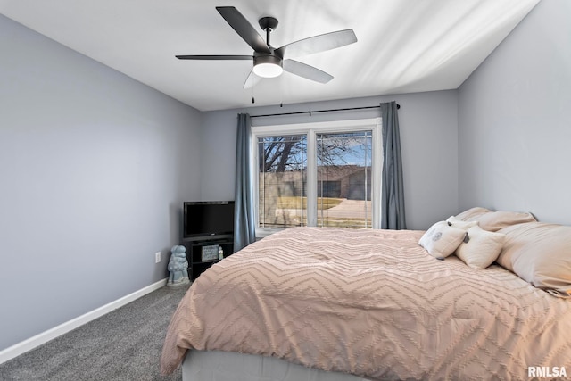 carpeted bedroom with access to exterior, a ceiling fan, and baseboards