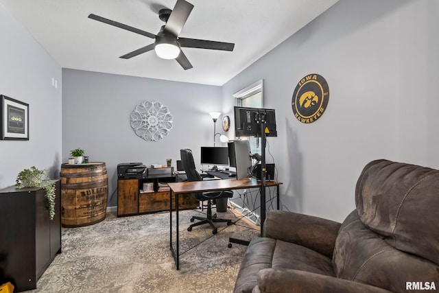 office area featuring ceiling fan and carpet