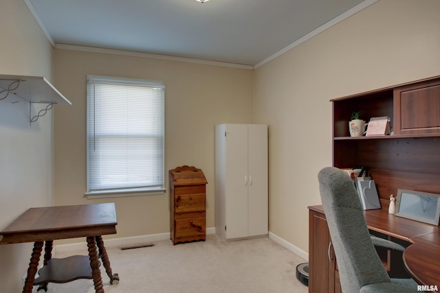 office space featuring visible vents, baseboards, light colored carpet, and crown molding