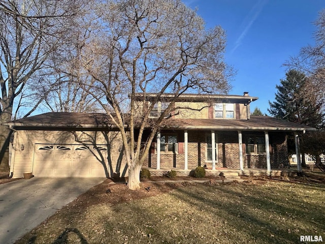 view of front facade with a porch, an attached garage, a chimney, concrete driveway, and brick siding