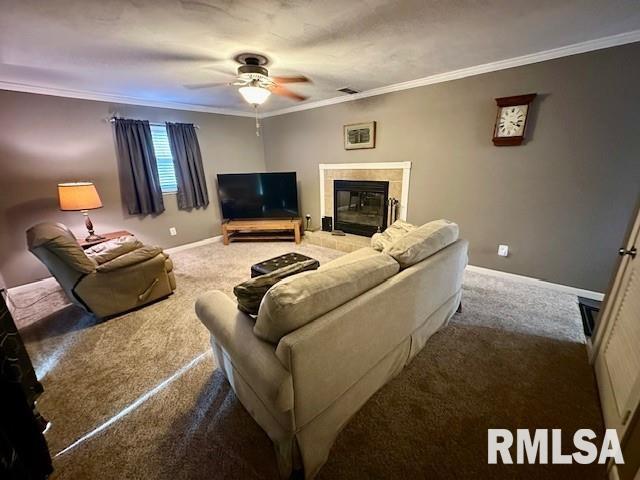 living area featuring ornamental molding, baseboards, and carpet floors