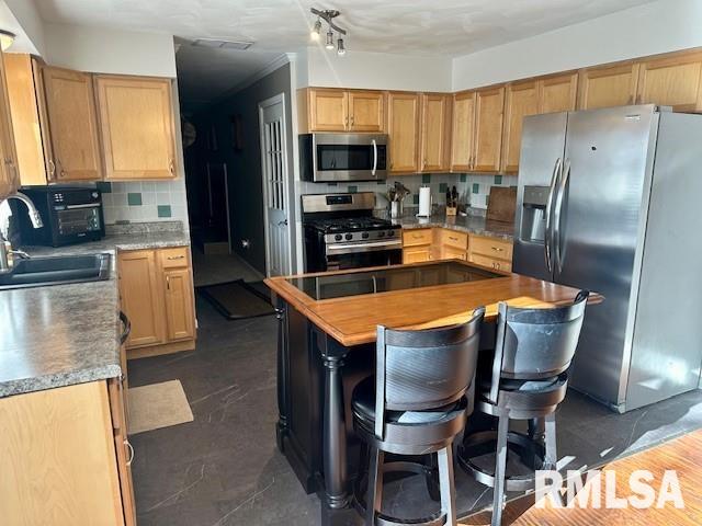 kitchen with backsplash, appliances with stainless steel finishes, and a sink