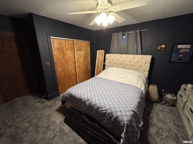 bedroom with a closet, carpet floors, and a ceiling fan