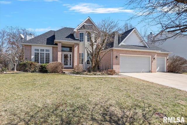 traditional-style home with a front yard, an attached garage, a chimney, concrete driveway, and brick siding