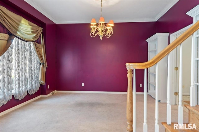 carpeted empty room with baseboards, an inviting chandelier, stairs, and crown molding