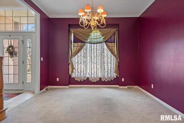 interior space with a wealth of natural light, baseboards, a chandelier, and crown molding