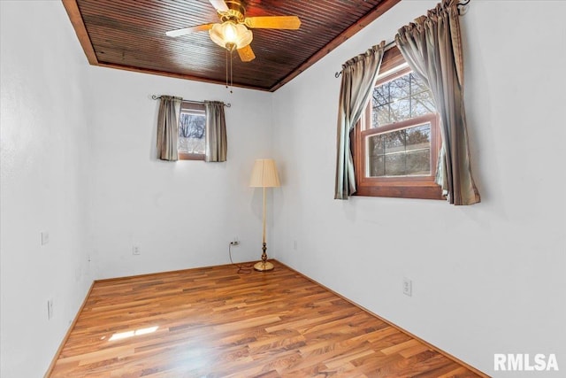 unfurnished room featuring wooden ceiling, ceiling fan, and wood finished floors