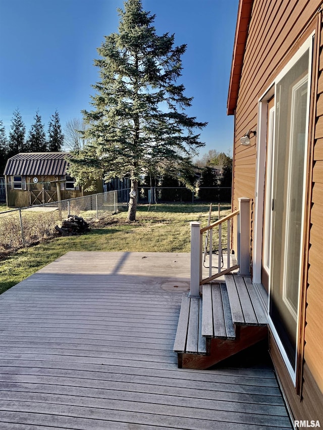 wooden deck with a yard and a fenced backyard