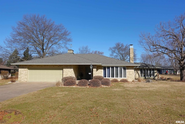 ranch-style house with a front yard, an attached garage, brick siding, and driveway