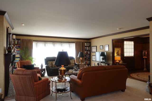 living room with crown molding