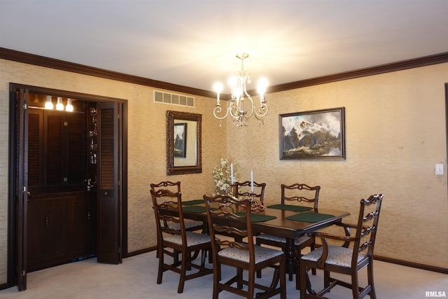 dining area with light carpet, visible vents, wallpapered walls, and baseboards