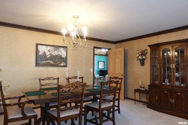 dining area with wallpapered walls, crown molding, an inviting chandelier, and light carpet