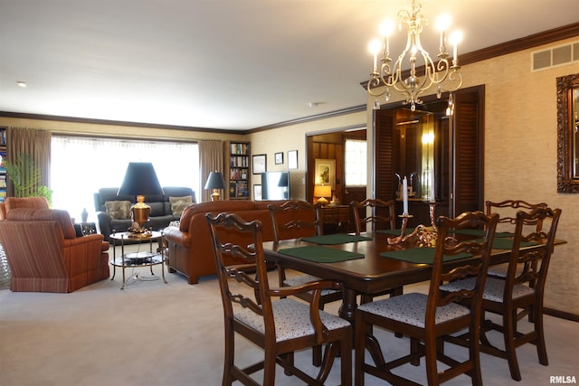 dining area with visible vents, light carpet, a notable chandelier, crown molding, and wallpapered walls