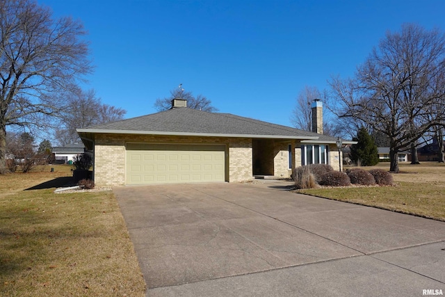 ranch-style house with brick siding, an attached garage, a front lawn, a chimney, and driveway