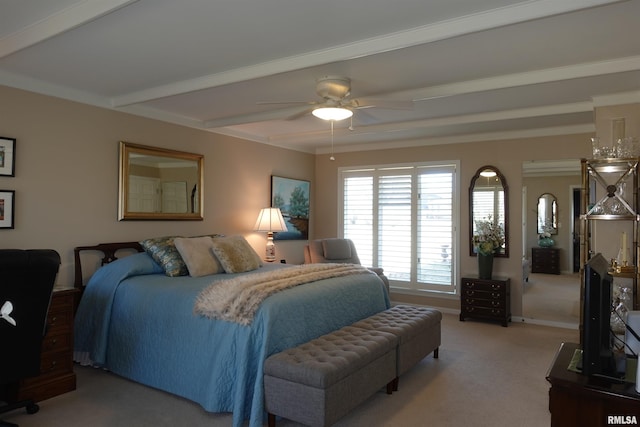 bedroom featuring beam ceiling, a ceiling fan, baseboards, and carpet floors