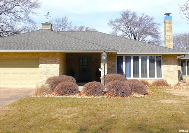 single story home featuring brick siding, a shingled roof, a front lawn, a chimney, and a garage