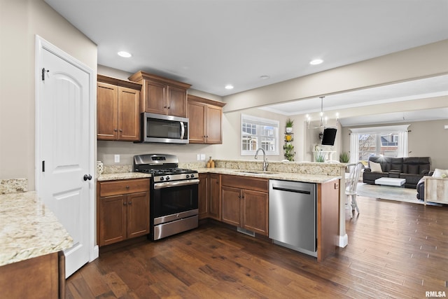 kitchen with a sink, open floor plan, dark wood-style floors, stainless steel appliances, and a peninsula