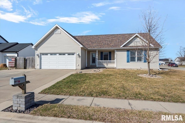 ranch-style house with a front lawn, fence, concrete driveway, covered porch, and a garage