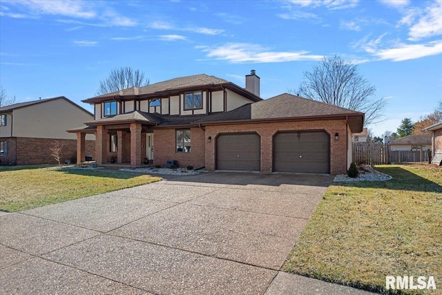 view of front facade featuring brick siding, a garage, a front lawn, and fence