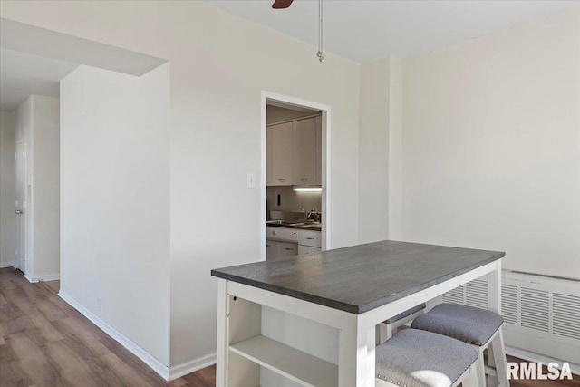 unfurnished dining area with a ceiling fan, wood finished floors, baseboards, and a sink