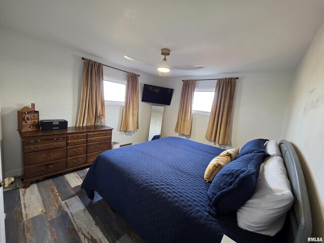 bedroom featuring dark wood finished floors, multiple windows, and a ceiling fan