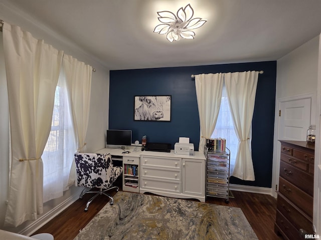 office featuring baseboards and dark wood-style flooring