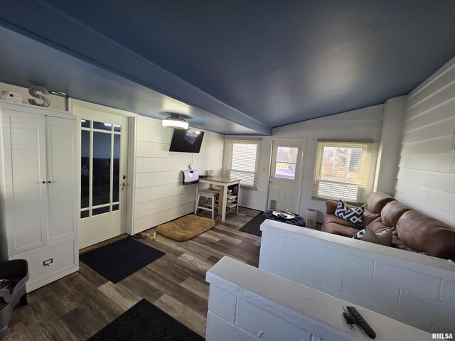 living area featuring dark wood-style floors and vaulted ceiling