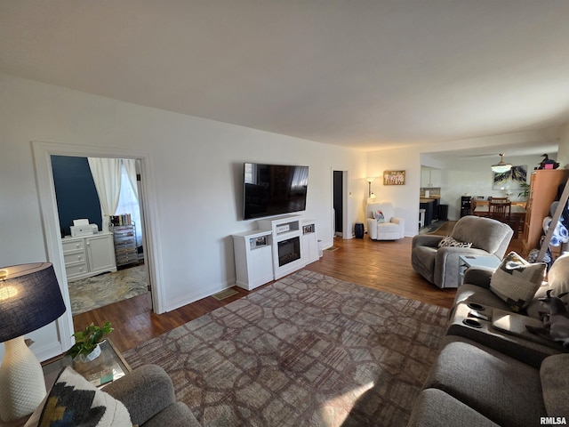 living room with a fireplace, baseboards, and wood finished floors