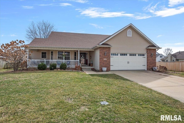 single story home with fence, covered porch, concrete driveway, a front lawn, and a garage