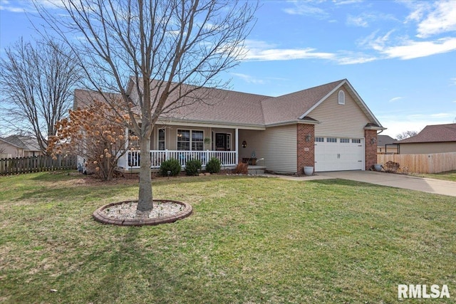 ranch-style home featuring a porch, concrete driveway, fence, and an attached garage